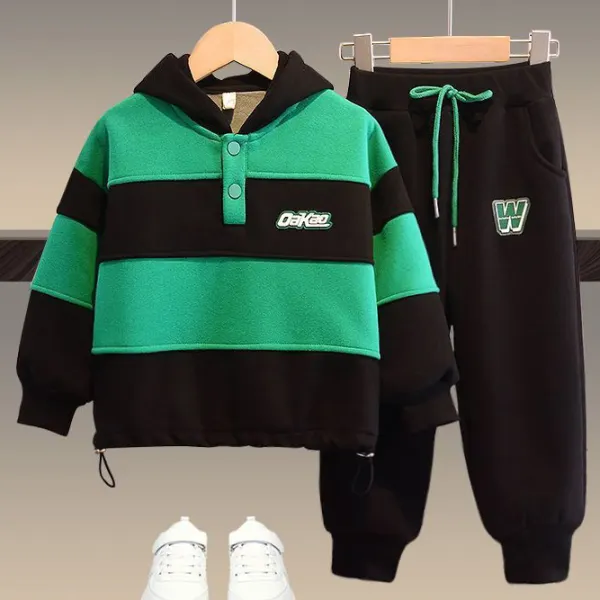 【12M-7Y】2-piece Boys Thickened Fleece Striped Hooded Sweatshirt And Pants Set - 4468 - Popopieshop.com 
