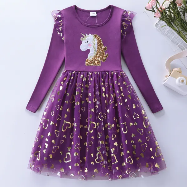 【3Y-8Y】Girls Unicorn Embroidered Mesh Long Sleeve Dress - 33373 - Popopieshop.com 