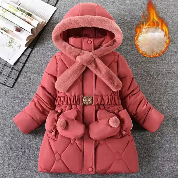 【3Y-12Y】Girl Sweet Plus Velvet Keep Warm Windproof Hooded Long Style Cotton Coat With Gloves - 31152 - Popopieshop.com 