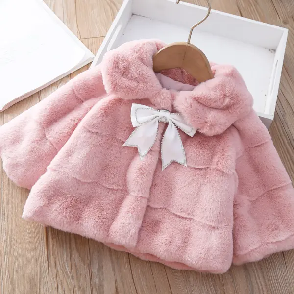 【12M-5Y】Girl Sweet Diamond Bow Solid Color Faux Fur Coat - 3163 - Popopieshop.com 