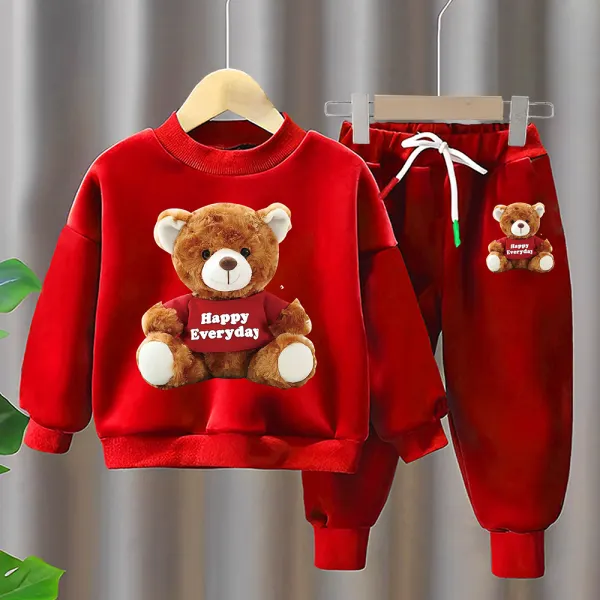 【12M-6Y】Unisex Casual And Cute Plus Velvet Keep Warm Cartoon Bear Print Round Neck Sweatshirt And Pants Set - Popopieshop.com 
