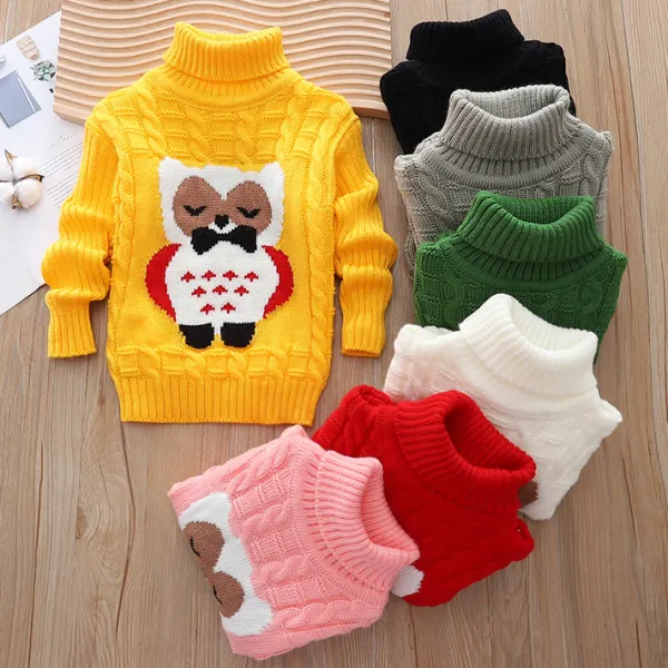 【18M-8Y】Kids Casual Owl Jacquard Turtleneck Sweater - Popopieshop.com 
