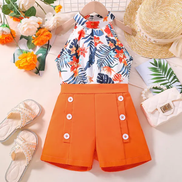 【3Y-12Y】2-piece Girls Stylish Floral Print Hanging Neck Top And Orange Shorts Set - Popopieshop.com 