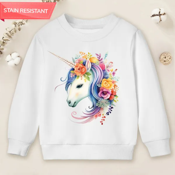 【12M-9Y】Girls Unicorn And Flower Print Cotton Stain Resistant Long Sleeve Sweatshirt - Popopieshop.com 