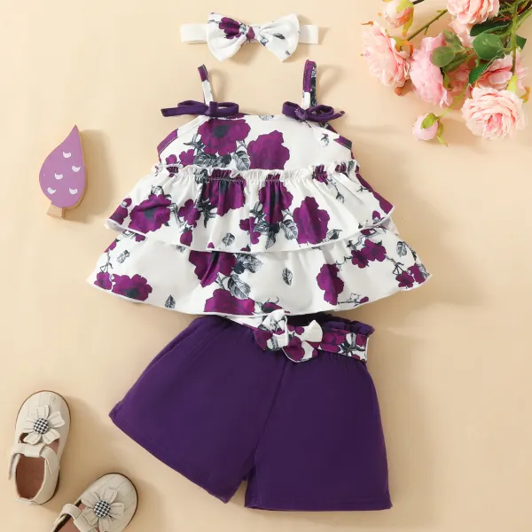 【3M-24M】3-piece Baby Girl Floral Print Cami Top And Shorts Set With Bow Hairband - Popopieshop.com 