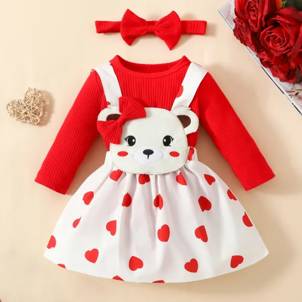 【0M-18M】3-piece Baby Girl Red Romper And Bear Embroidered Skirt Set With Bow Hairband - Popopieshop.com 