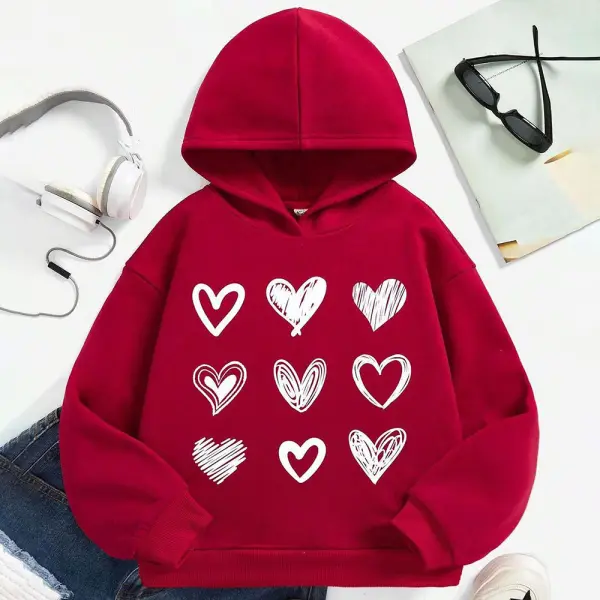 【2Y-10Y】Girls Heart Print Hooded Sweatshirt - Popopieshop.com 
