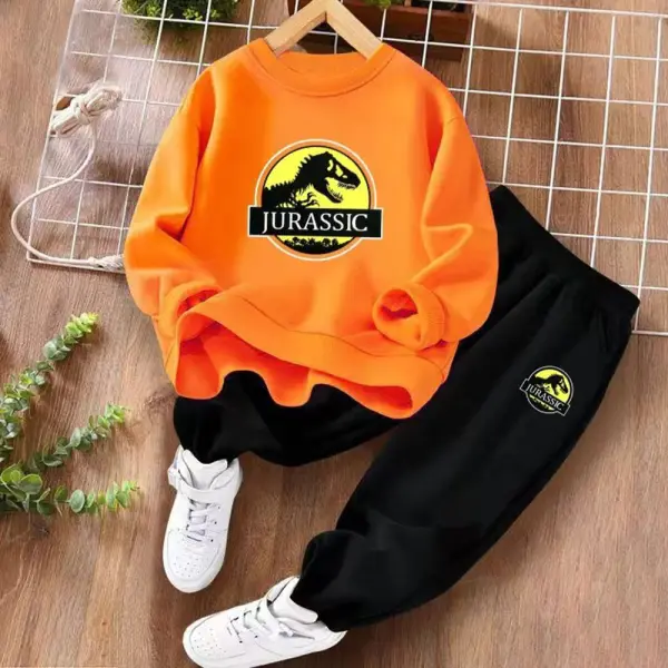 【2Y-10Y】2-piece Boys Dinosaur Printed Round Neck Long Sleeve Sweatshirt And Pants Set - Popopie.com 