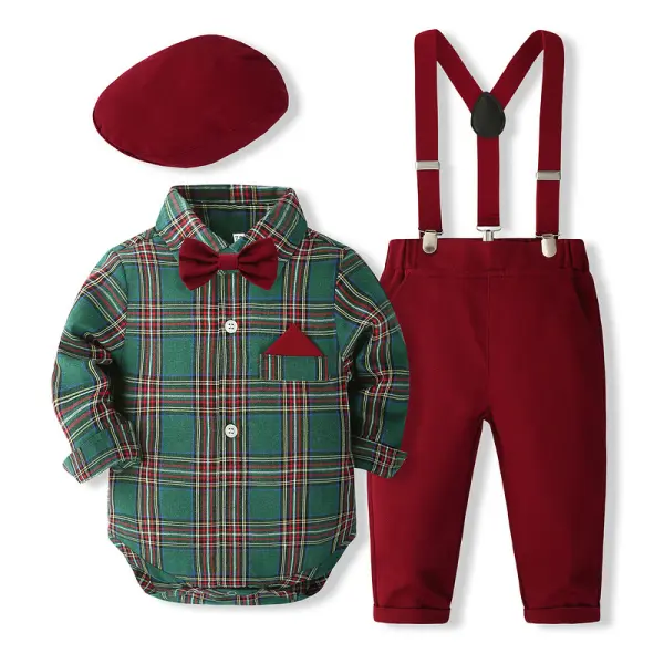 【9M-3Y】5-piece Baby Boys Green Plaid Shirt Romper And Pants Set Free Hat And Strap And Bow Tie - Popopieshop.com 