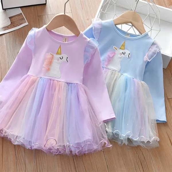 【18M-8Y】Girls Unicorn Embroidered Gradient Mesh Long Sleeve Dress - Popopieshop.com 