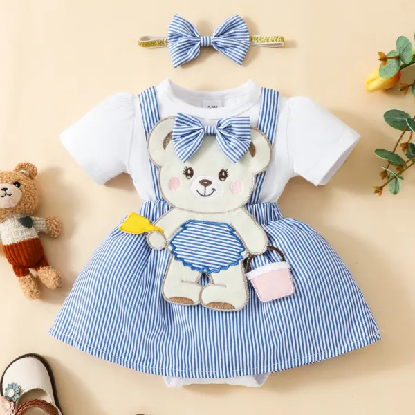 【0M-18M】3-piece Baby Girl Cute Short Sleeve Romper And Cartoon Bear Embroidered Halter Dress Set And Bow Hairband - Popopieshop.com 