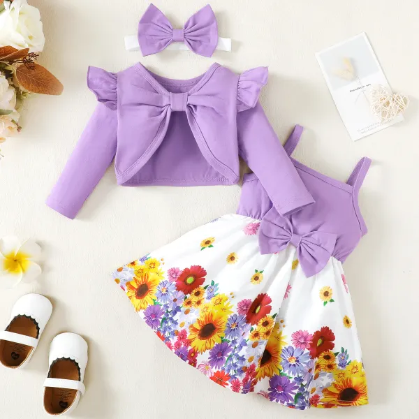 【3M-24M】3-piece Baby Girl Sweet Purple Cardigan And Floral Dress Set With Bow Hairband - Popopieshop.com 