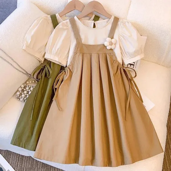 【3Y-15Y】2-piece Girl Casual Fashion Solid Color Puff Short Sleeve Top And Drawstring Sleeveless Dress Set - 34562 - Popopieshop.com 
