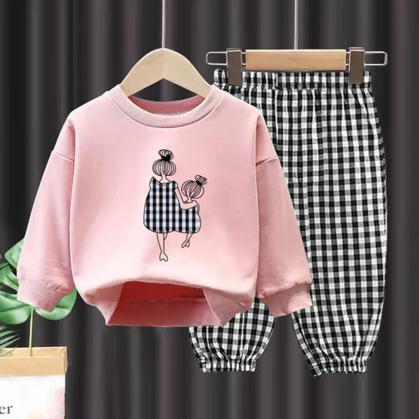 【18M-10Y】2-piece Girl Casual Cute Cotton Cartoon Print Round Neck Sweatshirt And Plaid Casual Pants Set - 34569 - Thepopopie.com 