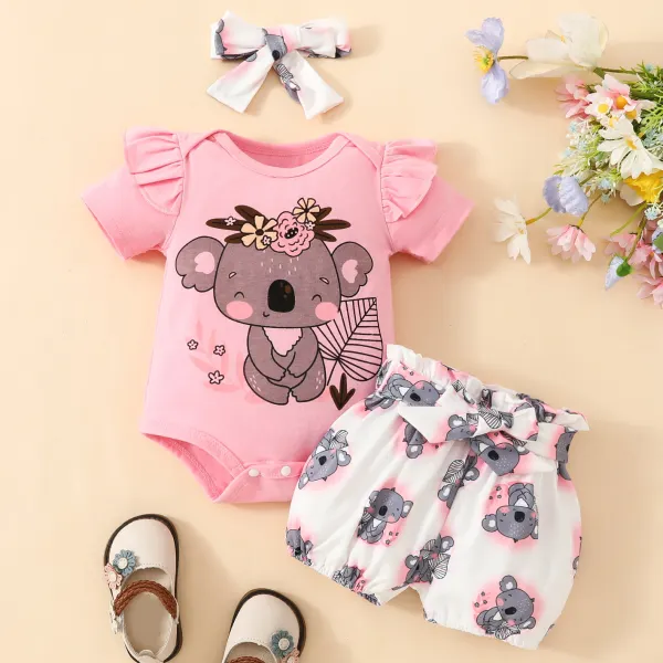 【0M-18M】3-piece Baby Girls Cute Koala Print Romper And Shorts Set With Hairband - Popopieshop.com 