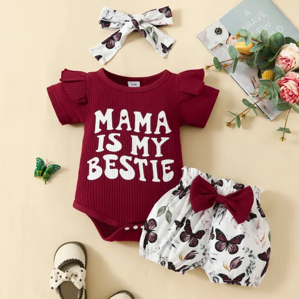 【0M-18M】3-piece Baby Girl Letter Print Romper And Butterfly Print Shorts Set With Bow Hairband - Popopieshop.com 