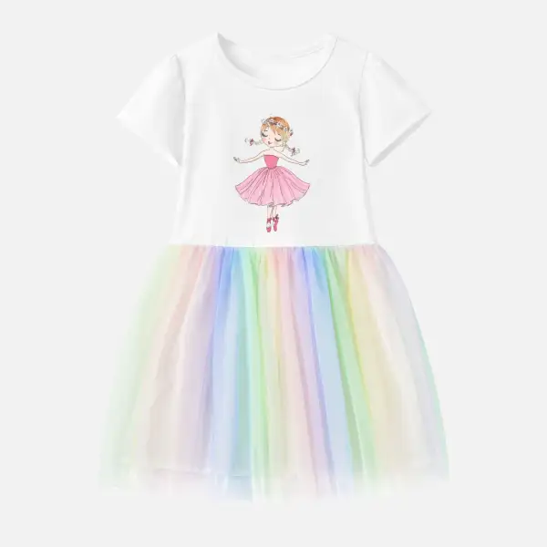【12M-7Y】Girl Cotton Stain Resistant Ballerina Girl Print Splicing Tulle Short Sleeve Dress - Popopieshop.com 