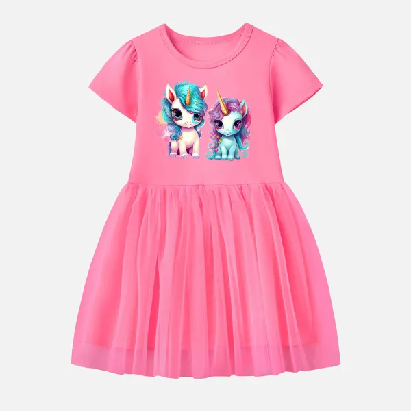 【12M-7Y】Girl Cotton Stain Resistant Unicorn Print Splicing Tulle Short Sleeve Dress Only $19.99 - Popopieshop.com 