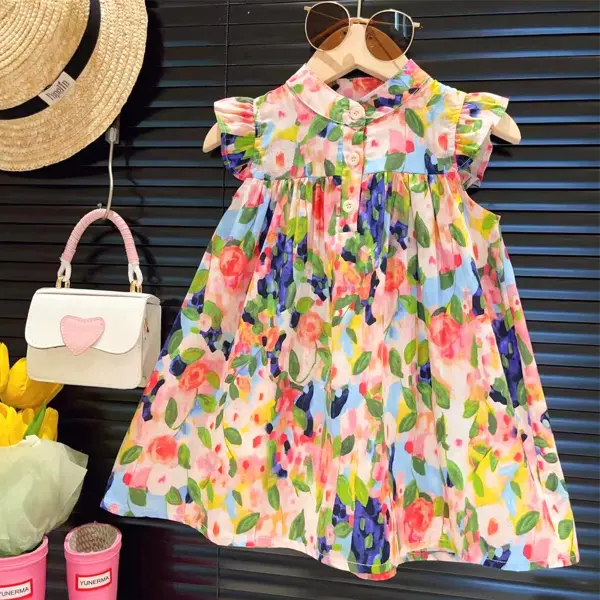 【18M-8Y】Girl Fashion Sweet Colorful Printed Ruffle Sleeveless Dress - 33403 - Popopieshop.com 