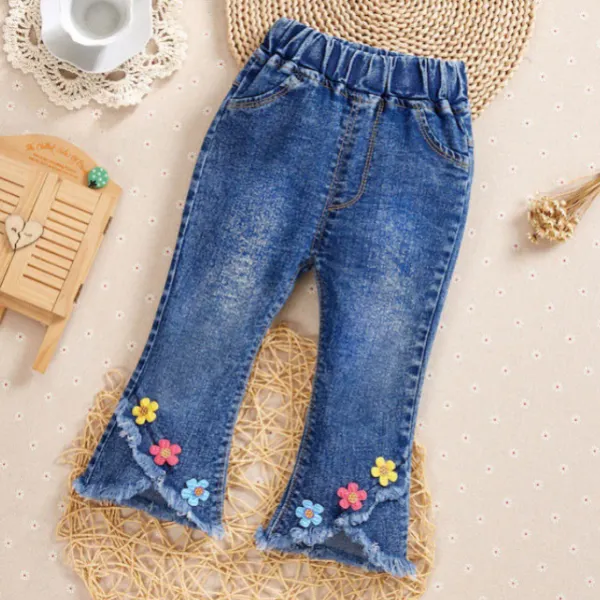 【6M-9Y】Girl Sweet Flowers And Fringed Blue Jeans - Popreal.com 