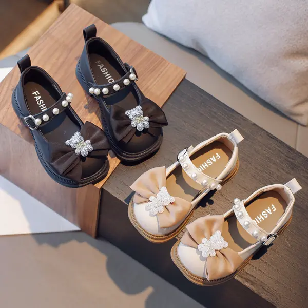 Girls Beaded And Bow Design Mary Jane Shoes PU Shoes - Popopieshop.com 