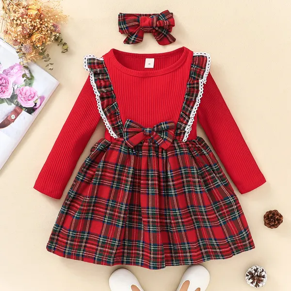 【3M-7Y】2-piece Girls Sweet Plaid Long Sleeve Dress With Hairband - 33255 Only $6.99 - Popopieshop.com 