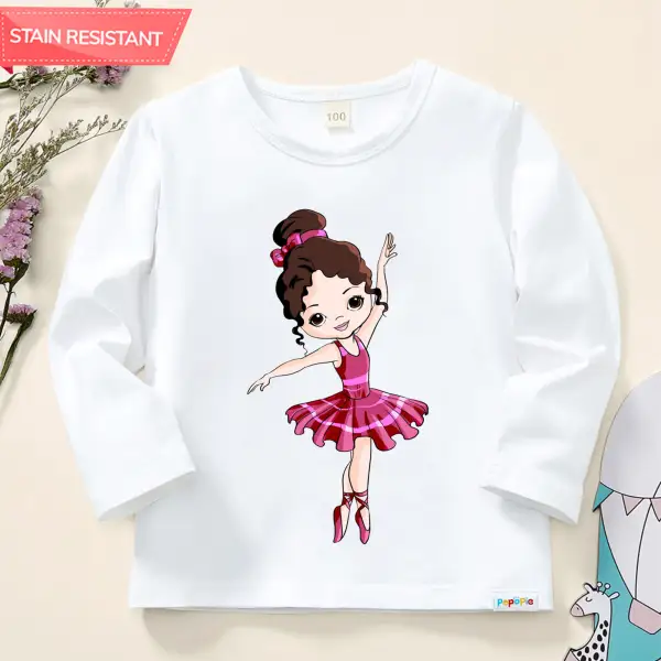 【12M-9Y】Girl Cute Cartoon Ballerina Girl Print Cotton Stain Resistant Long Sleeve T-shirt - 7225 - Popopieshop.com 