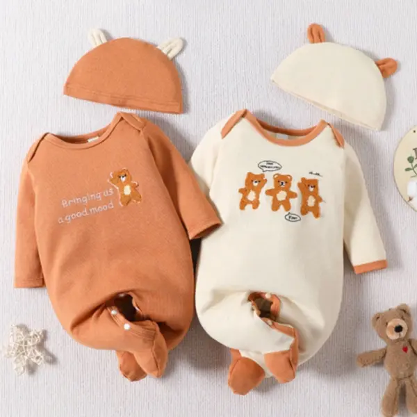 【0M-6M】2-piece Unisex Baby Bear Embroidered Long Sleeve Romper With Hat - Popopieshop.com 
