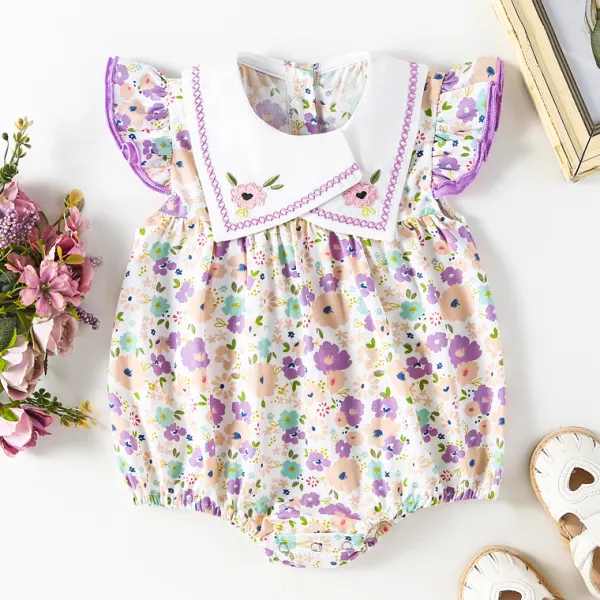 【3M-24M】Baby Girl Sweet Floral Embroidered Collar Purple Floral Romper - Popopieshop.com 