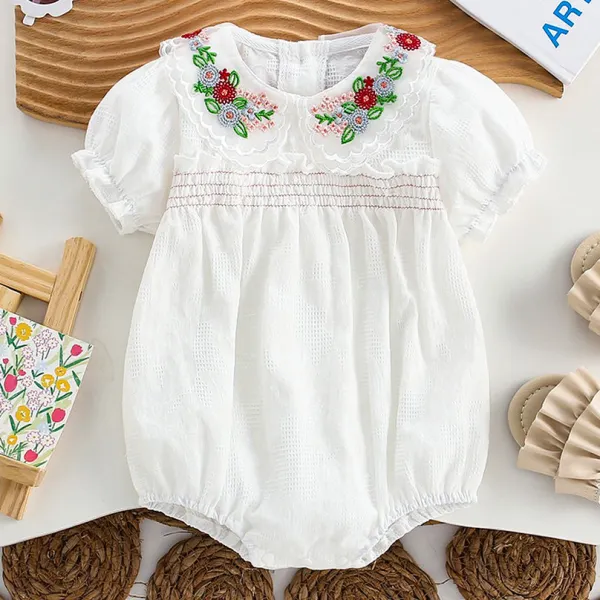 【3M-24M】Baby Girl Sweet Floral Embroidered Collar White Romper - Popopieshop.com 