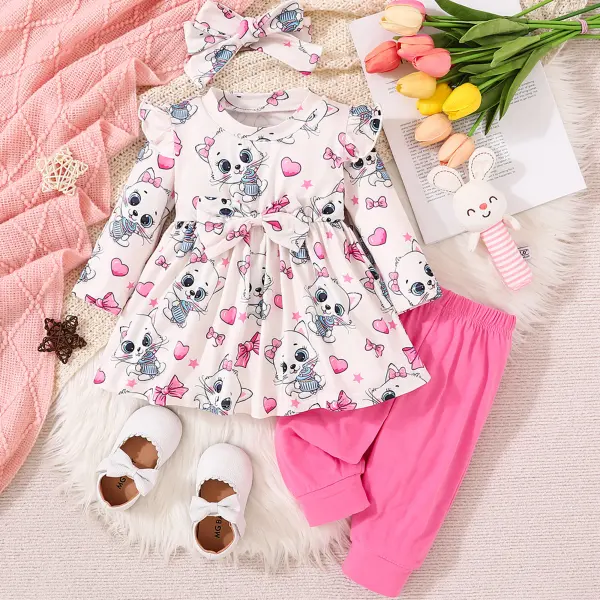 【3M-24M】3-piece Baby Girl Cute And Sweet Cartoon Bowknot Bee Print Ruffled Long-sleeved T-shirt And Pants Set With Headband - Popopieshop.com 