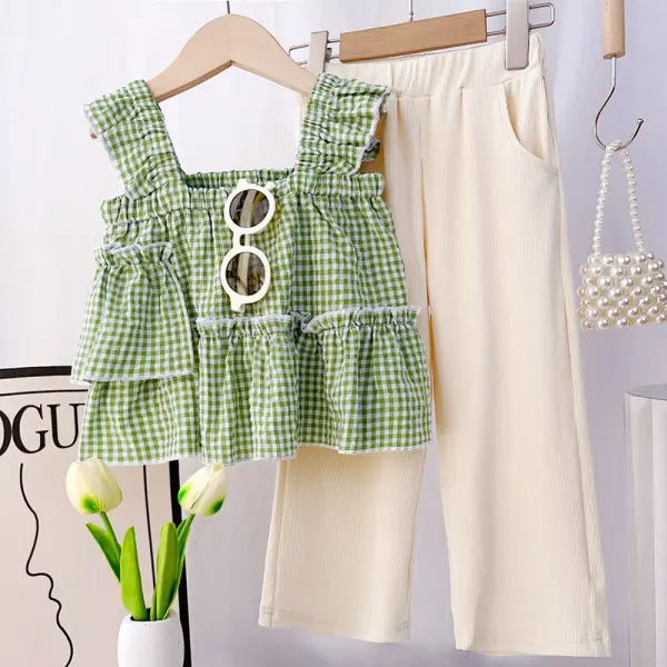 【18M-8Y】2-piece Girls Plaid Ruffle Top And Wide-Leg Pants Set - 34581 - Popopieshop.com 