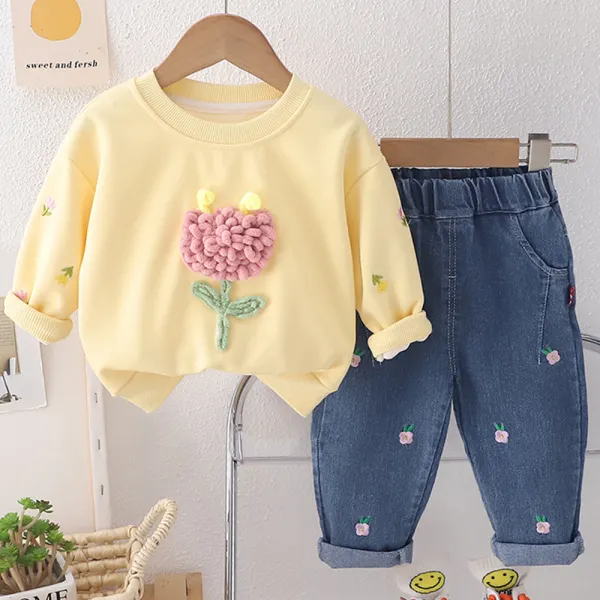 【9M-4Y】2-piece Girls Applique Round Neck Long Sleeve Sweatshirt And Floral Embroidered Jeans Set - 34594 - Thepopopie.com 