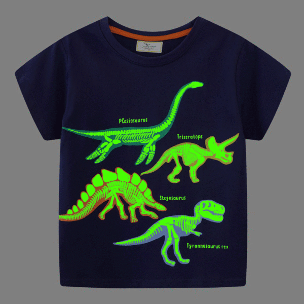 【18M-7Y】Boys Casual Cartoon Dinosaur Print Luminous Pattern Short Sleeve T-shirt - Popopieshop.com 