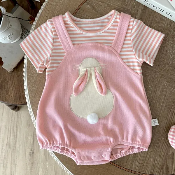 【3M-24M】Baby Girl Cute Cotton Fake Two-piece Splicing Rabbit Embroidered Short-sleeved Romper - Popopieshop.com 