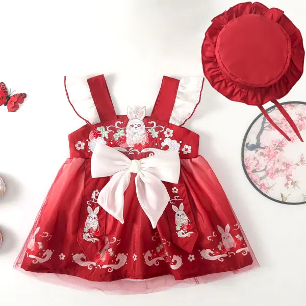 【3M-24M】2-piece Baby Girl Cute And Fashion Red Chiffon Chinese Style Rabbit Floral Embroidery Ruffle Bowknot Romper With Hat - Popopieshop.com 