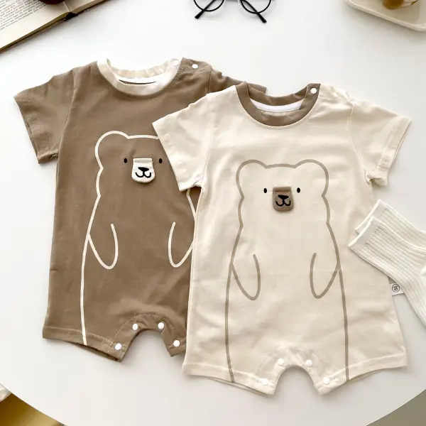 【3M-24M】Unisex Baby Cute Cotton Cartoon Bear Print Short-sleeved Boxer Romper - Popopieshop.com 