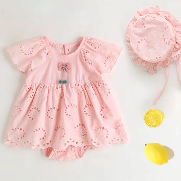 【3M-24M】Baby Girl Cute Cotton Floral Embroidery Hollow Bowknot Short-sleeved Romper With Hat - Popopieshop.com 