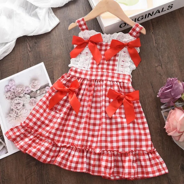 【18M-8Y】Girls Red Plaid Bow Backless Dress - 33388 - Popopieshop.com 