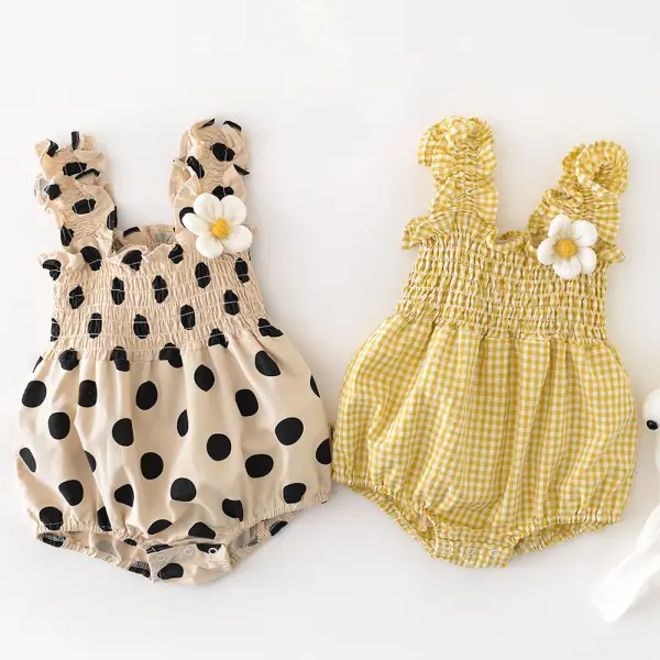 【3M-24M】Baby Girls Cotton Polka Dot And Plaid Applique Sling Romper - Popopieshop.com 