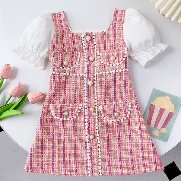 【18M-8Y】Girls Fashion Pink Tweed Bubble Sleeve Dress - 33379 - Popopieshop.com 
