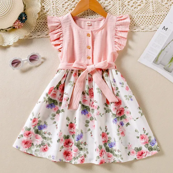 【2Y-7Y】Girls Sweetheart Floral Print Ruffle Sleeve Dress - Popopieshop.com 