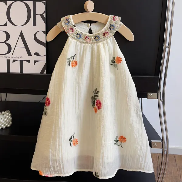 【18M-8Y】Girls Beige Floral Embroidered Sleeveless Dress - Popopieshop.com 