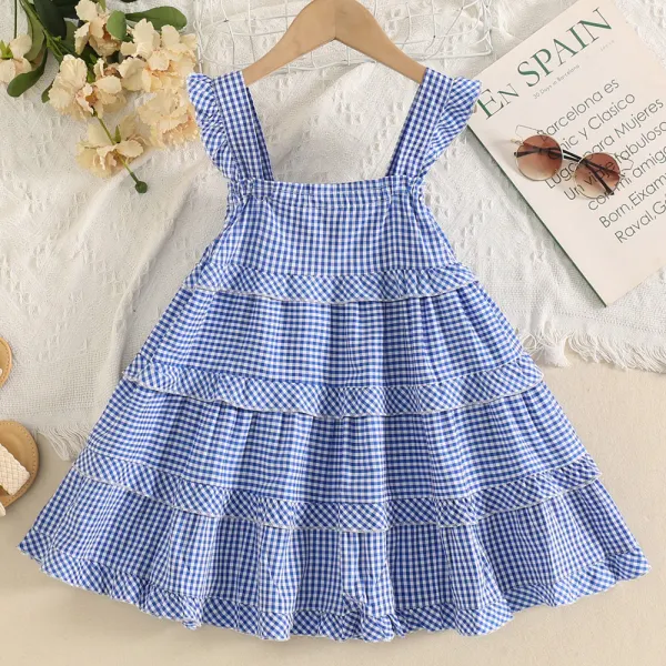 【18M-6Y】Girls Blue Plaid Ruffle Sleeveless Dress - Popopieshop.com 