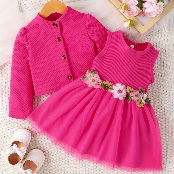 【3M-24M】2-piece Baby Girl Applique Sleeveless Dress And Long Sleeve Cardigan Set - Popopieshop.com 