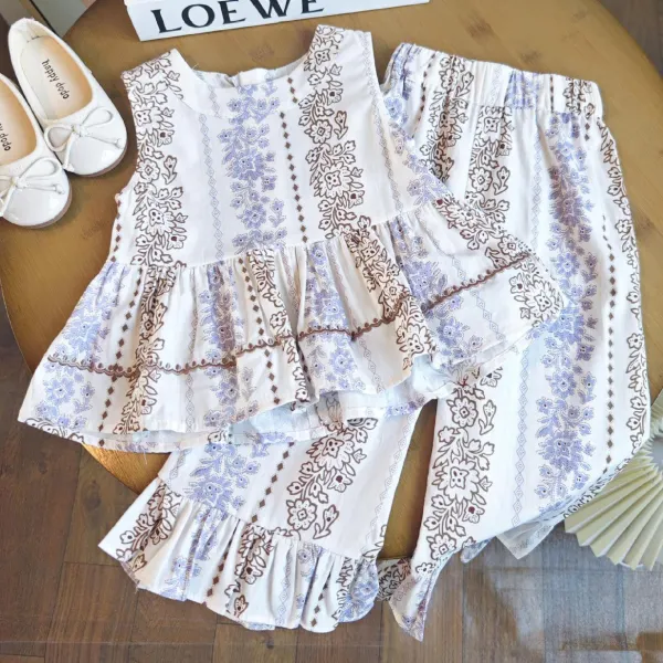 【2Y-8Y】2-piece Girls Vintage Floral Print Ruffle Top And Pants Set - 34583 - Popopieshop.com 