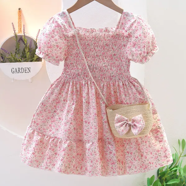 【18M-7Y】2-piece Girls Sweet Flower Print Dress With Bag - 33194 - Popopieshop.com 