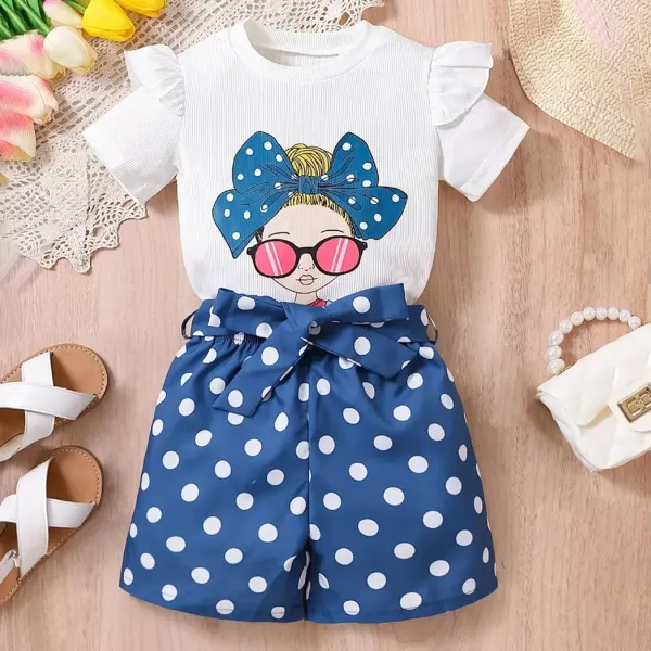 【2Y-8Y】2-piece Girl Casual Fashion Cotton Short-sleeved T-shirt And Polka Dot Print Shorts Set - 34596 - Popopieshop.com 