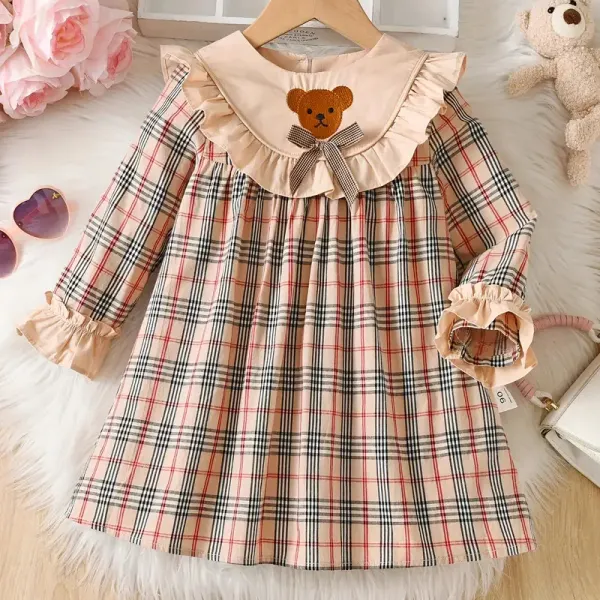 【12M-8Y】Girls Fashion Bear Embroidery And Ruffle Design Plaid Dress - 33383 - Popopieshop.com 