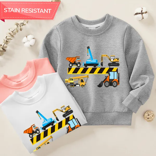 【12M-9Y】Boys Excavator And Construction Vehicle Print Cotton Stain Resistant Long Sleeve Sweatshirt - Popopieshop.com 
